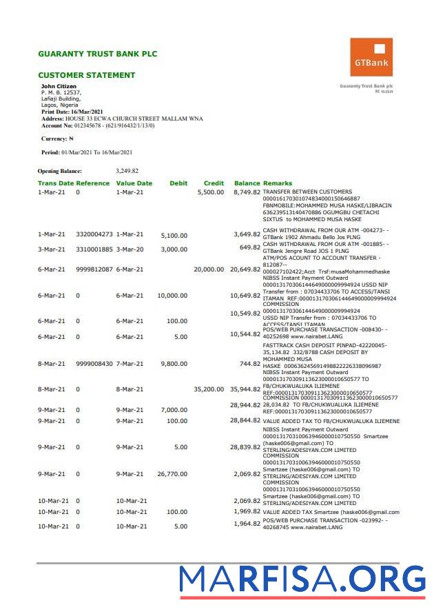 Downloadable Nigeria GTBank bank statement excel real example